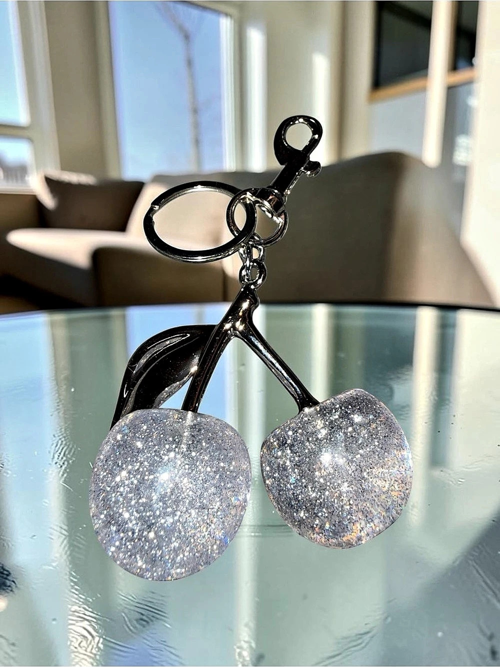 Cherry Bag Charm Glitter Cherry in Silver & Black